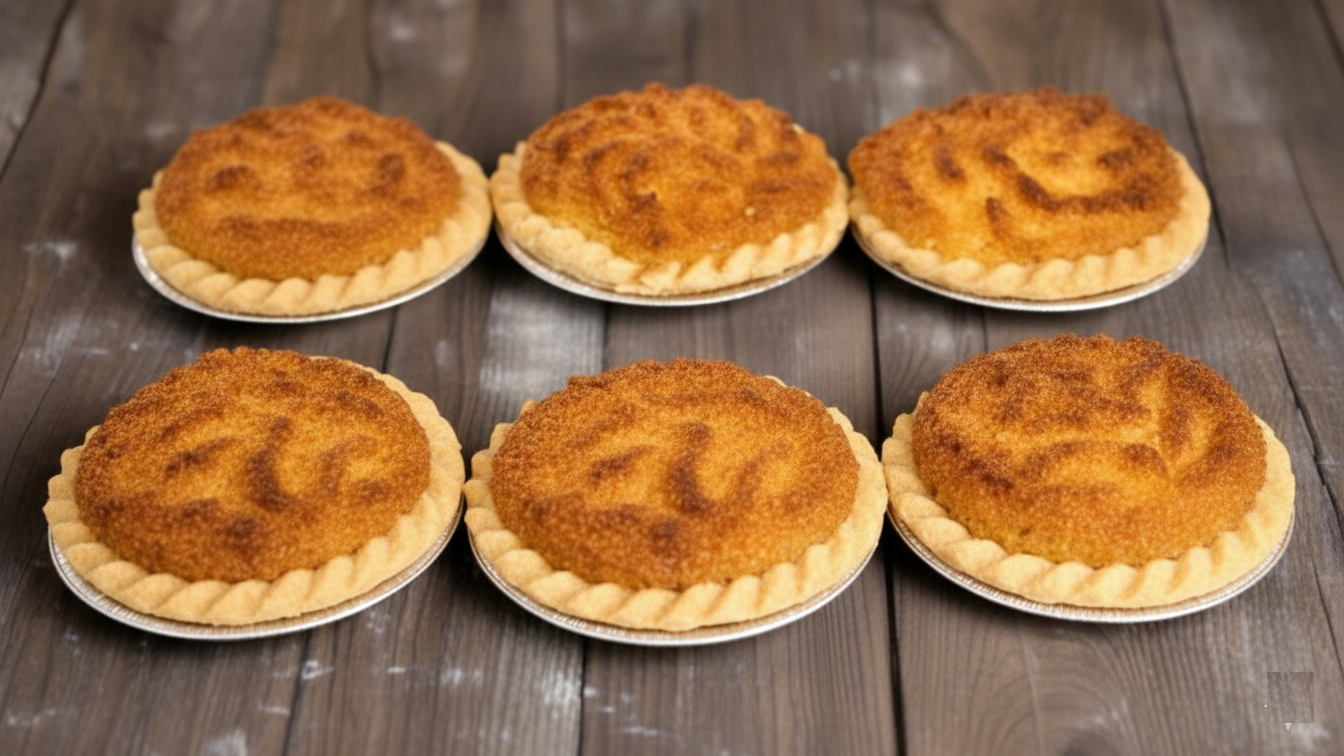 Six pies with different numbers on a wooden surface