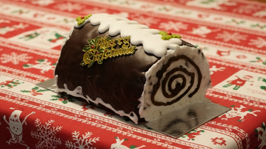 Decorative yule log cake on a festive tablecloth with Christmas patterns