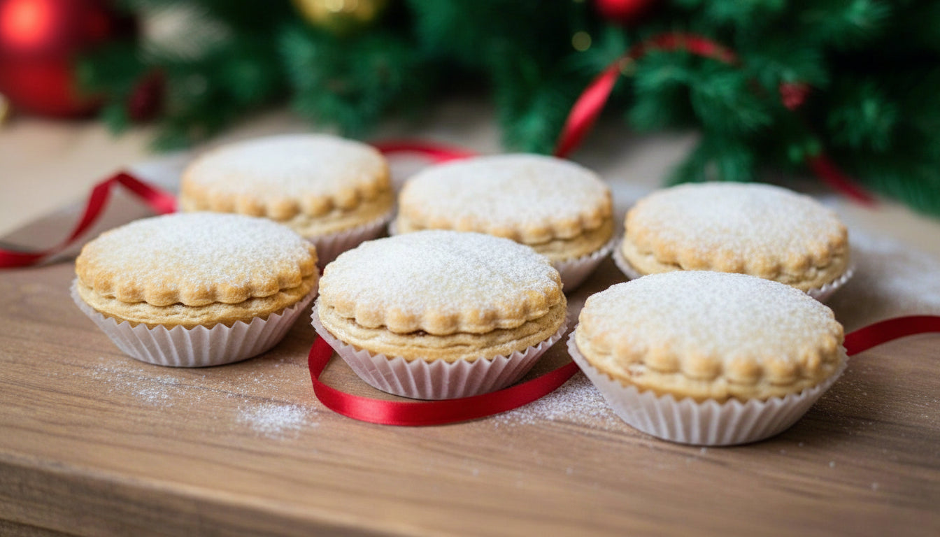 Mince pies on a wooden surface with a red ribbon and Christmas decorations in the background.